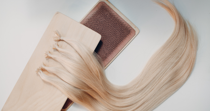 Blonde hair extensions on a white background